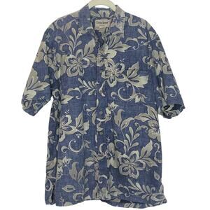 Cooke Street Hawaiian Shirt Large Floral Tropical Flowers Reverse Print Blue